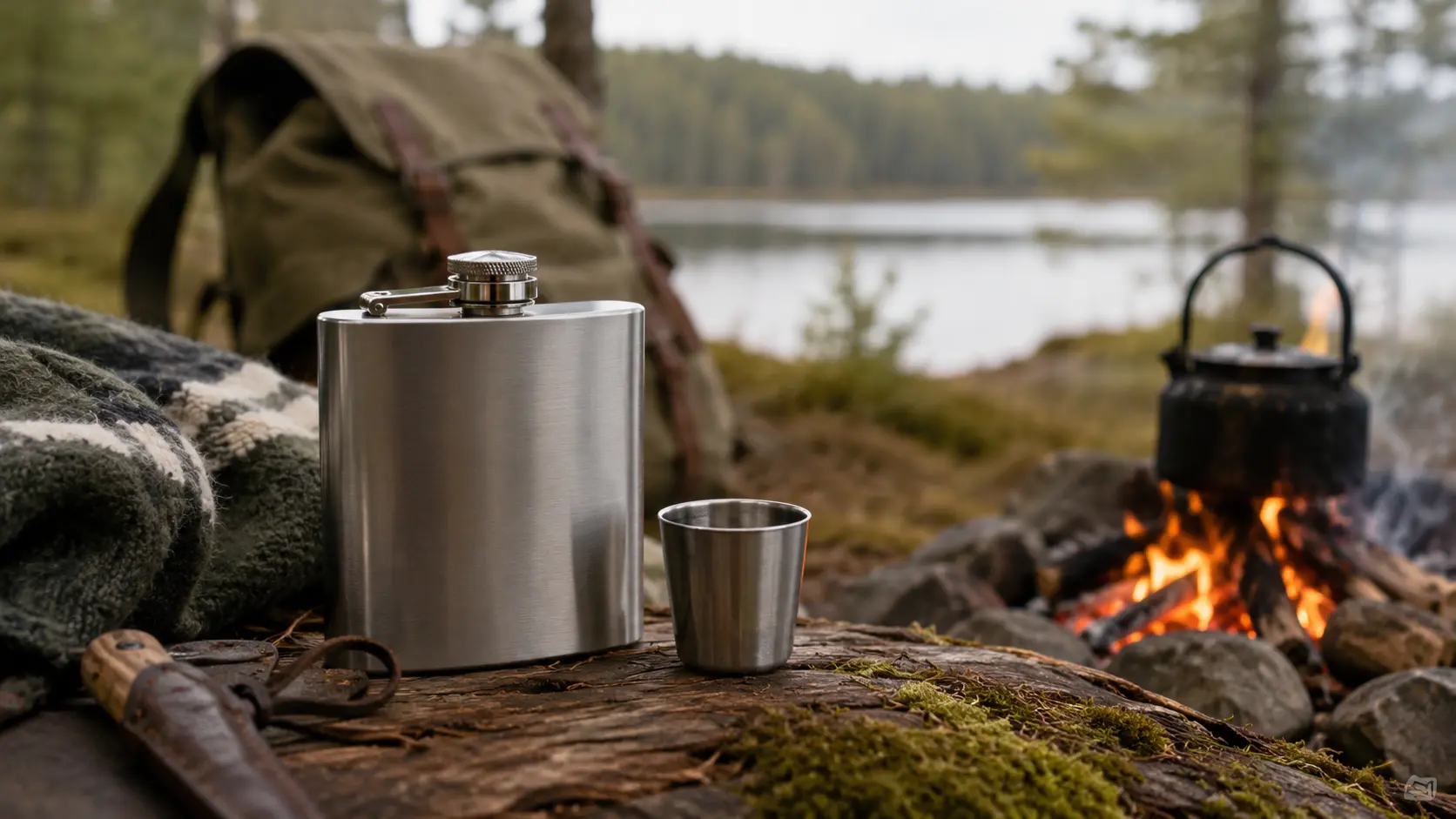 Roestvrijstalen heupfles en metalen beker bij een kampvuur in de Scandinavische natuur met een rugzak en meer op de achtergrond.
