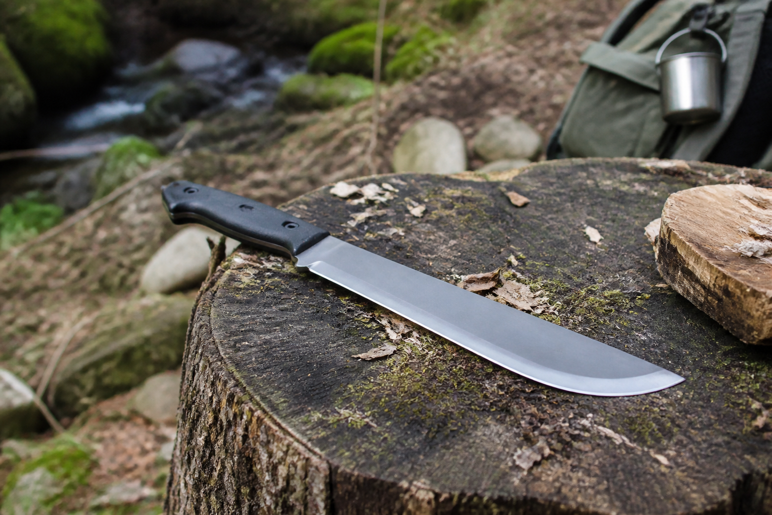 Machete op een boomstronk in natuurlijke outdooromgeving